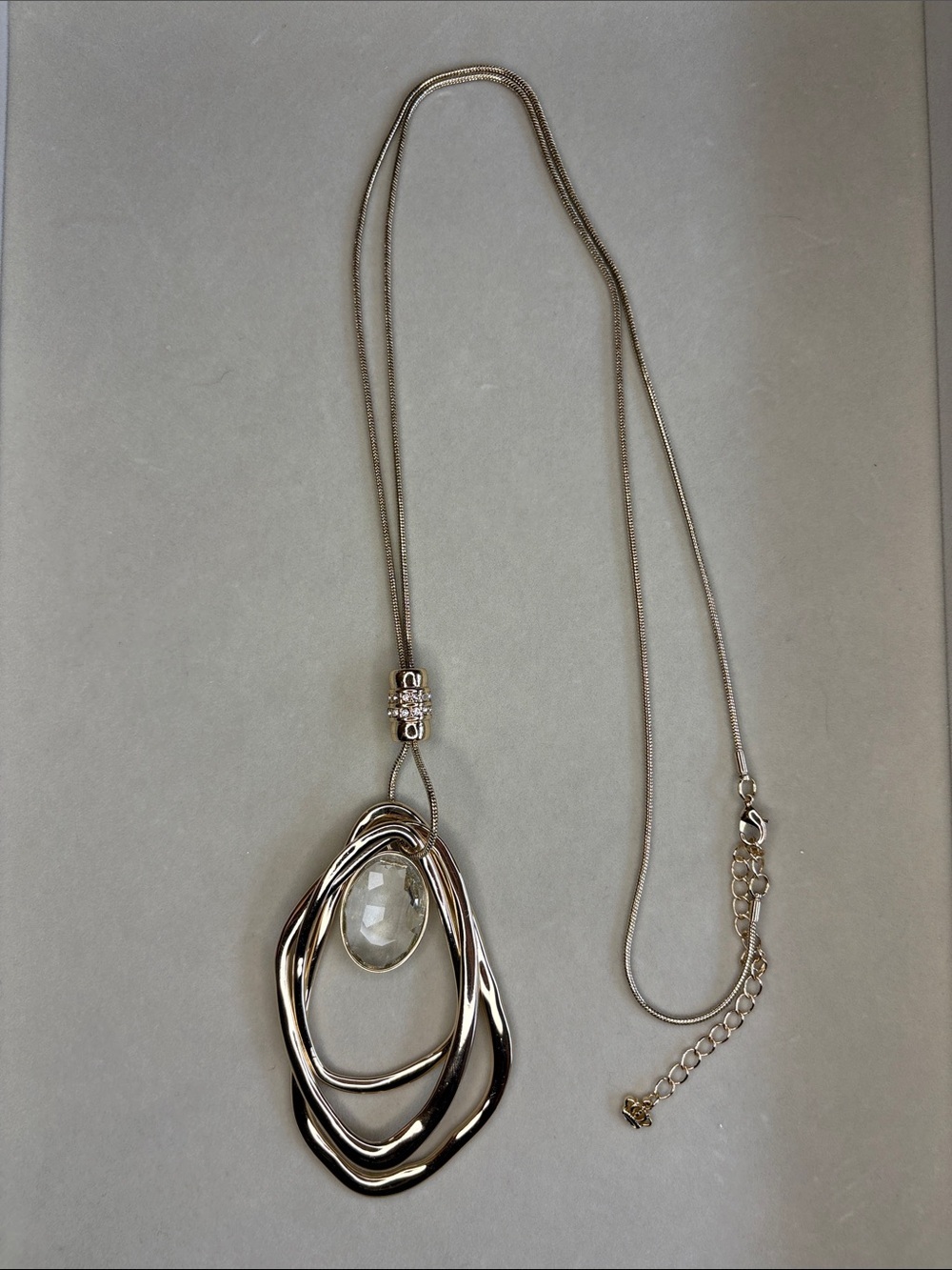 Long Gold-Tone Layered Pendant Necklace with Faceted Glass NWOT